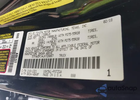 2018 Toyota Tundra 1794 5.7L V8 z USA, uszkodzony, nr VIN 5TFAW5F14JX728087